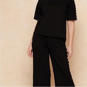 Light Lyocell Black Wide-Leg Pearl Pants & Matching Top – Size Medium